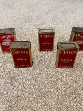Vintage Schilling Spice Tins Lot 2oz Ginger Cloves Allspice Retro kitchen
